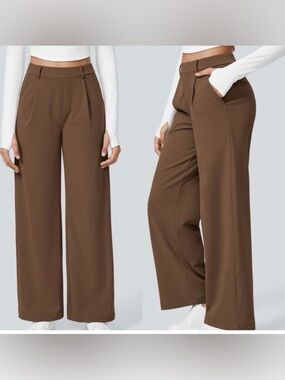 Halara High Waisted Side Pocket Straight Leg Work Pants In Brown HaloTek Air